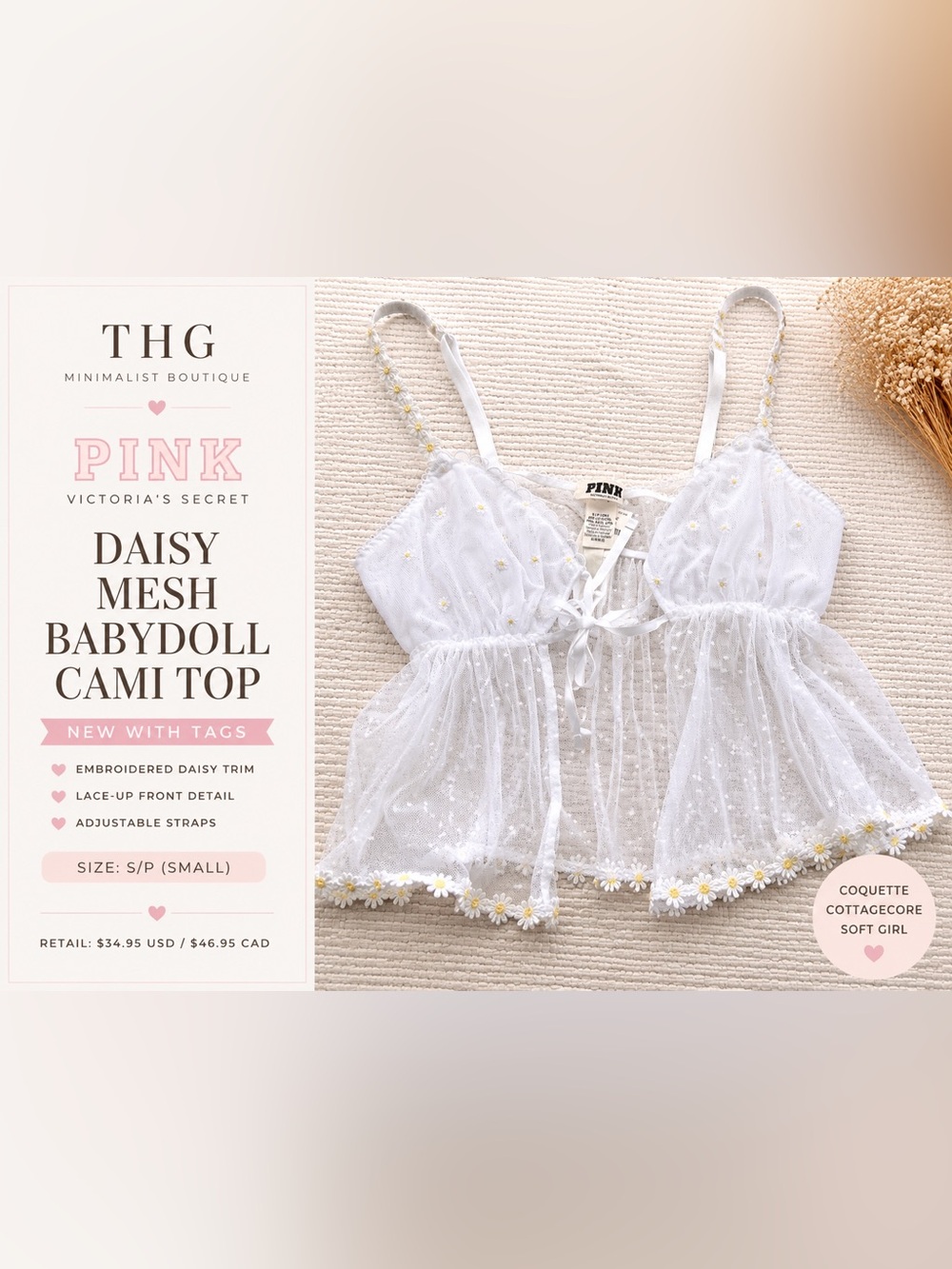 PINK Victoria’s Secret Daisy Mesh Babydoll Cami Top NWT Size S/P